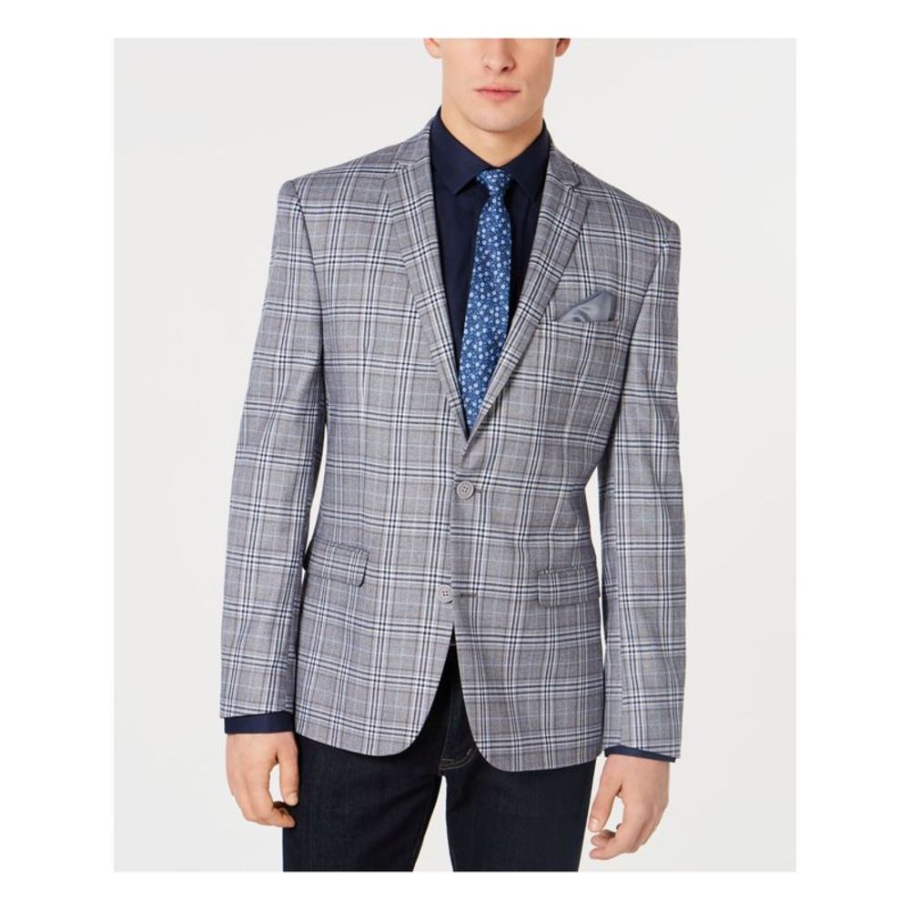 BAR III Mens Blue Tartan Plaid Jacket 36R